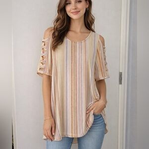 ANOTHER REASON Pastel Striped Braided Short Sleeve Blouse Small
